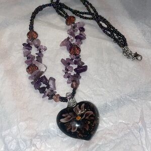 Amethyst, Seed Bead, and Flower Glass Heart Necklace